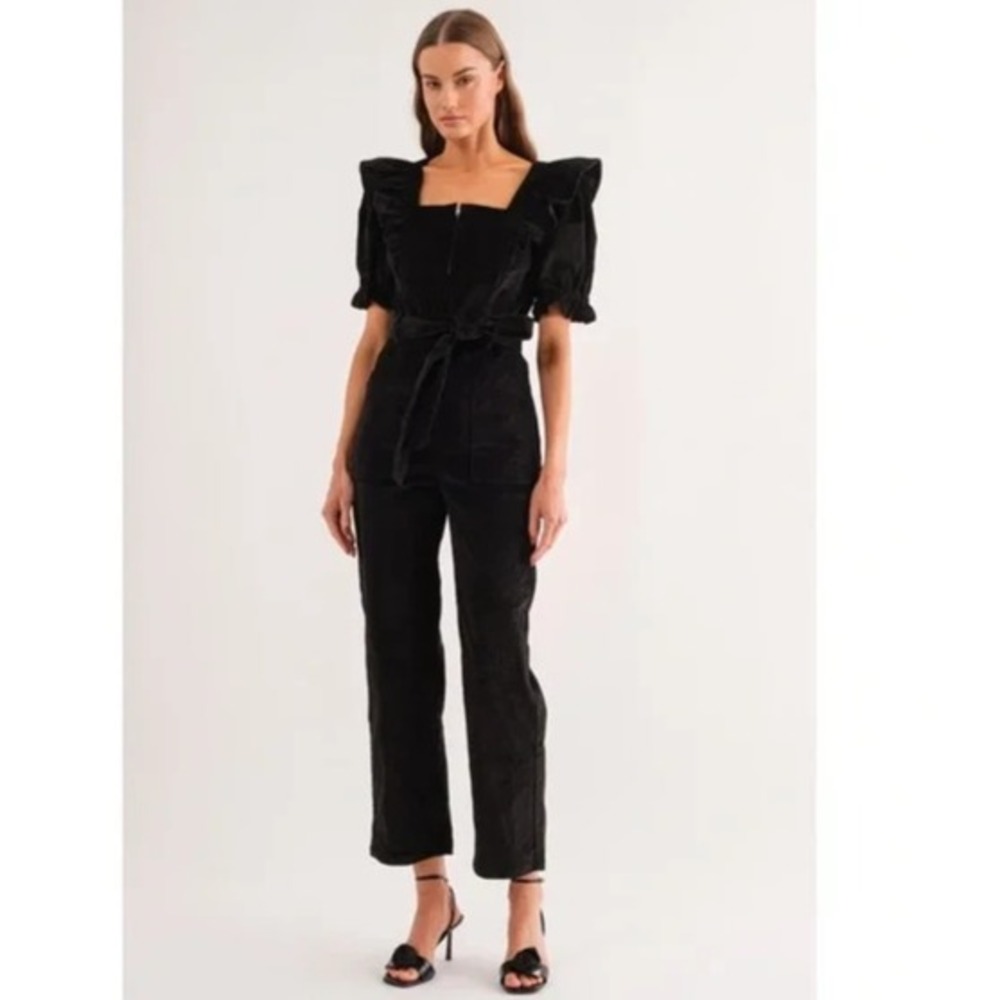 Sophie the Label Romper Black Corduroy Zip-Front Ruffle Puff Sleev Minimalist L